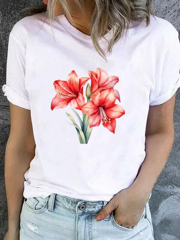 Camiseta estampada de flores feminina, Roupa manga curta, T-shirt, Roupa superior, fofo, Sweet Trend, Básico, Moda Anos 90, senhoras, mulheres