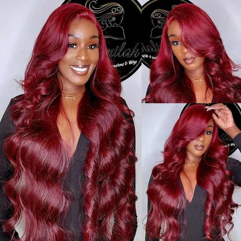 Peluca de cabello humano con encaje Frontal transparente para mujer, pelo de color rojo oscuro, 13x4, 99J, HD, 180% Borgoña, 13x6