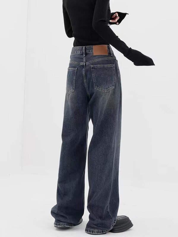 American Retro Deep Blue Wide Leg Jeans Women 2024 New Loose Casual Straight Pants Fashion Streetwear Denim Trousers