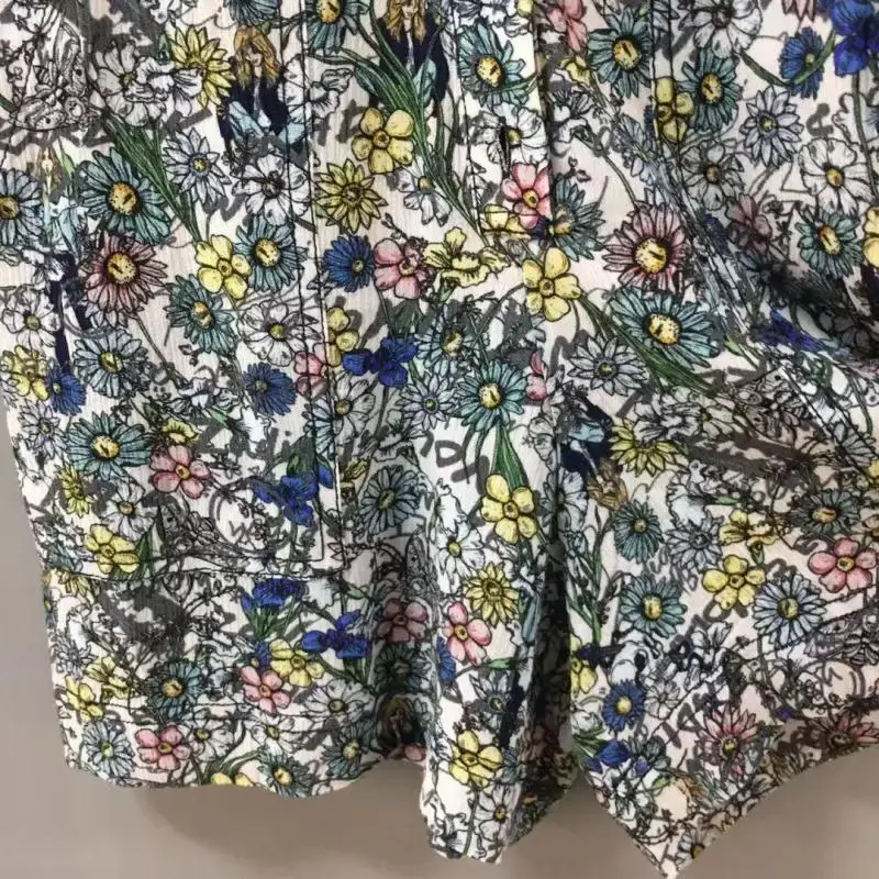 Women Floral Printed Playsuits O-Neck Short Sleeve Single Breasted Vintage Spring 100% Viscose Jumper