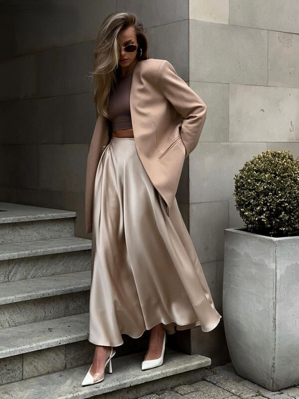2023 jesienna długie spódnice z wysokim stanem w stylu Streetwear klasyczna długa spódnica elegancka satynowa luźna damska spódnica moda damska czarna spódnica