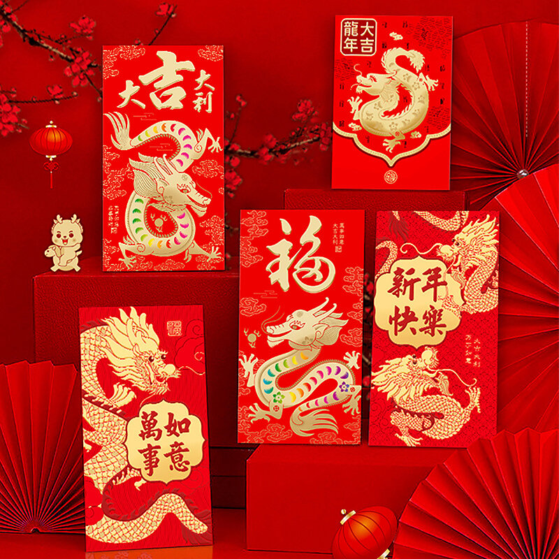 Envelope padrão dragão chinês para crianças, pacotes vermelhos, saco de dinheiro sorte, presente de ano novo, 6 unid, 2024
