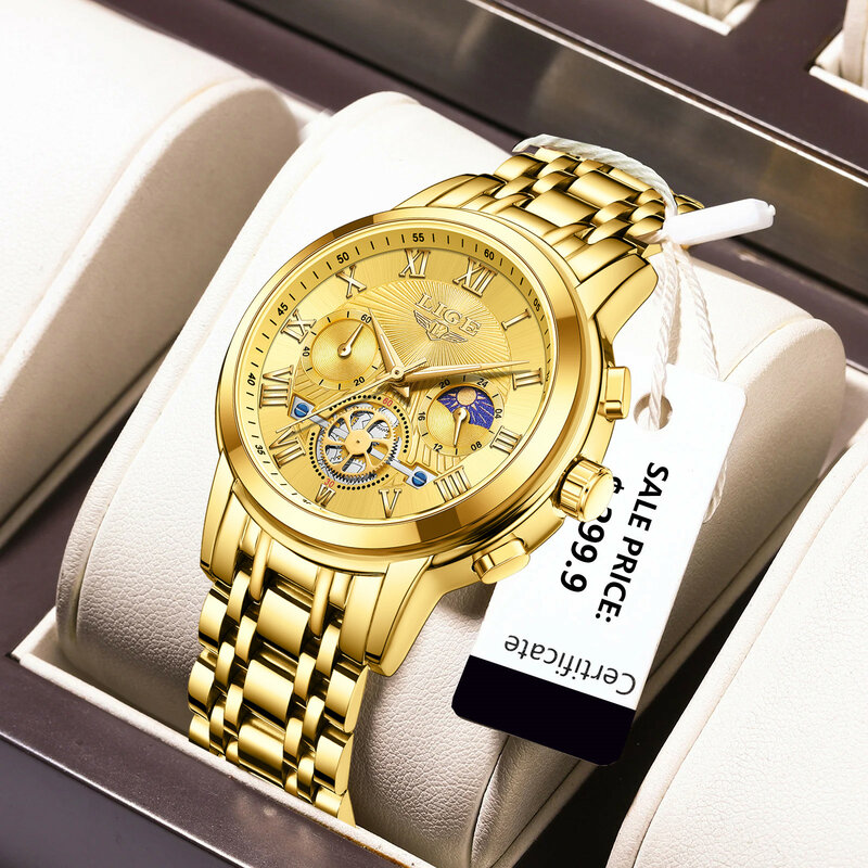 LIGE-Reloj de pulsera de lujo para mujer, cronógrafo dorado luminoso, resistente al agua, de cuarzo, de acero inoxidable + caja, nuevo