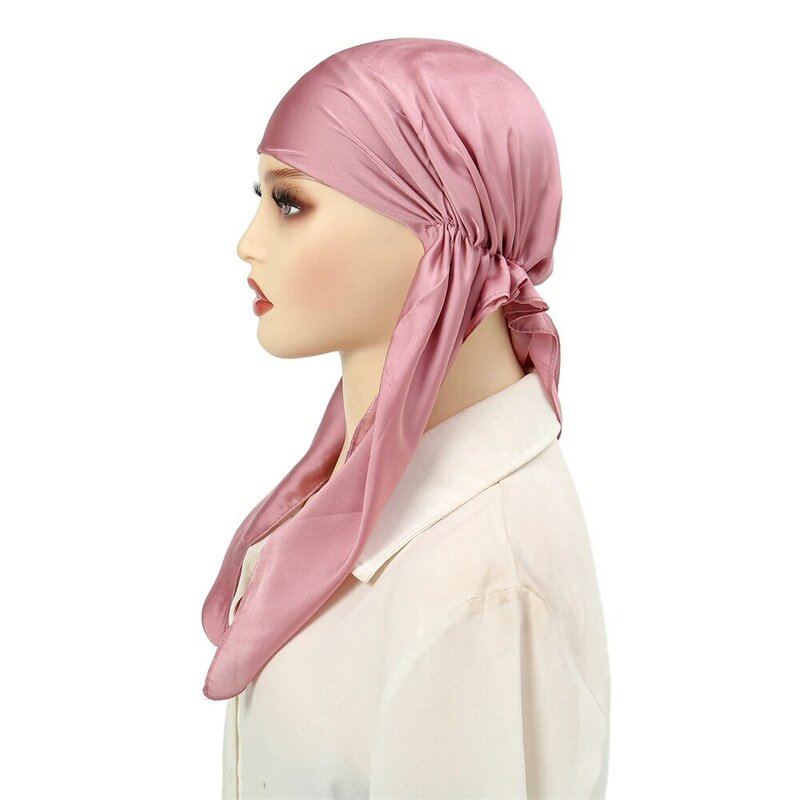 Женский модный однотонный атласный тюрбан, шапка, Ранняя, головной платок, эластичный головной шарф, предварительно завязанная бандана, мусульманский хиджаб