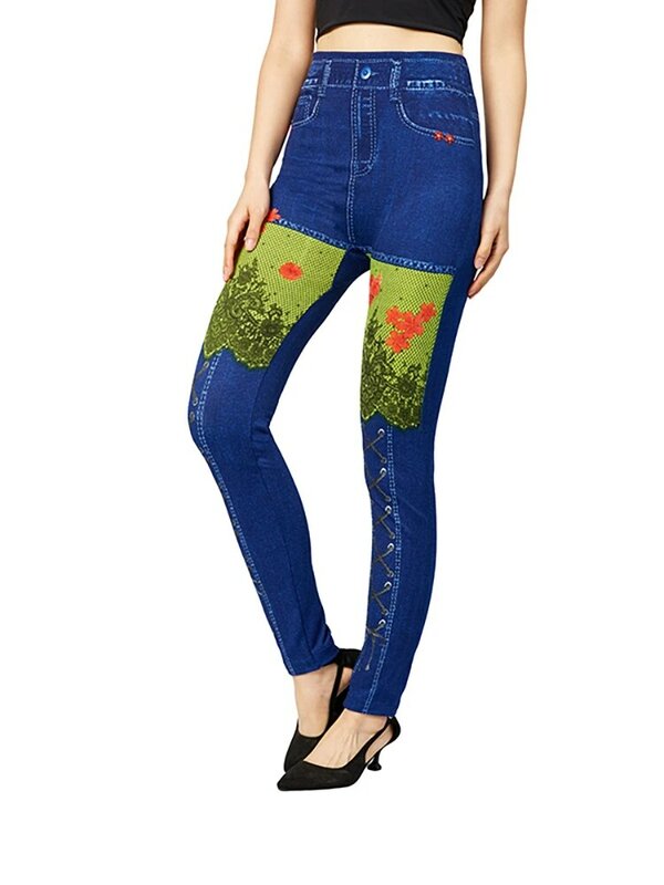 INDJXND donne imitazione Denim Leggings pizzo fiore fasciatura stampa pantaloni a matita elastico Fitness Jeggings Jeans finti a vita alta