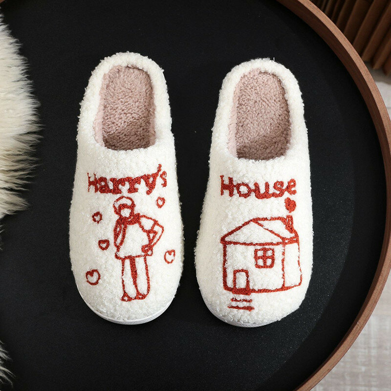 Women's Plush Slippers European American Idol Harry's House Cotton Slippers 2024 Winter New Warm Home Couple Shoes Indoor Shoes