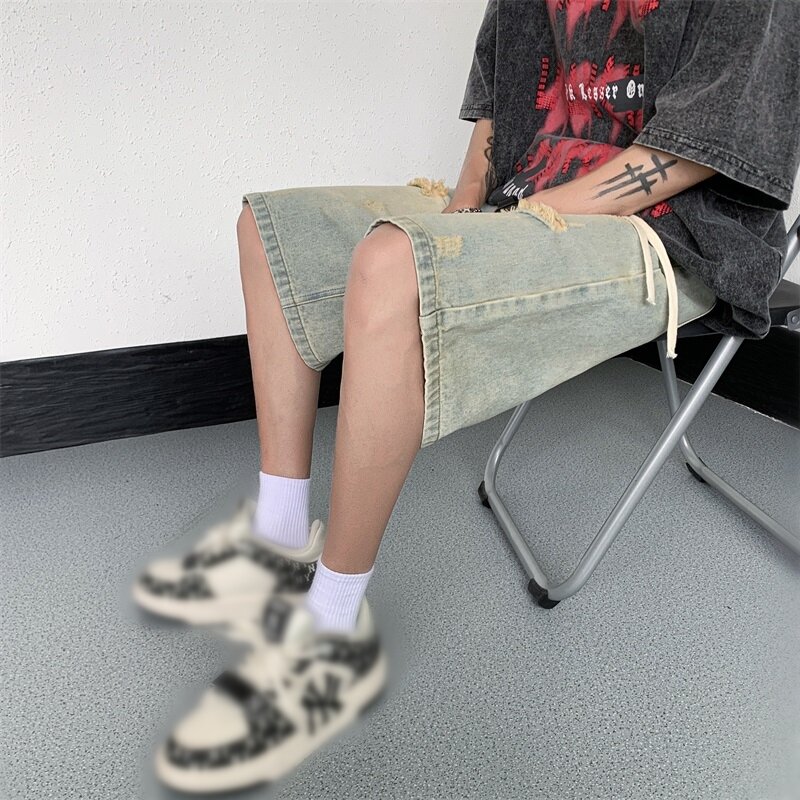 Men's Casual Denim Shorts Hip Hop Fashion Hole Short Pants Streetwear Stretch Washed Distressed Straight Leg Jean Shorts