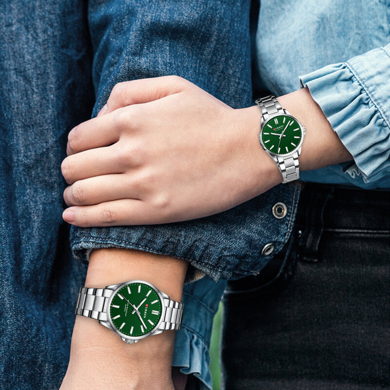 CURREN gelang jam tangan pasangan, jam tangan Quartz untuk pasangan modis kreatif santai bulat Dial gelang halus
