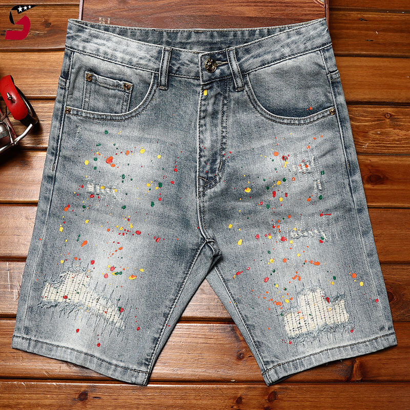 Джинсовые шорты с рисунком сломанных дыр мужские летние 2024new эластичные облегающие модные Молодежные укороченные брюки