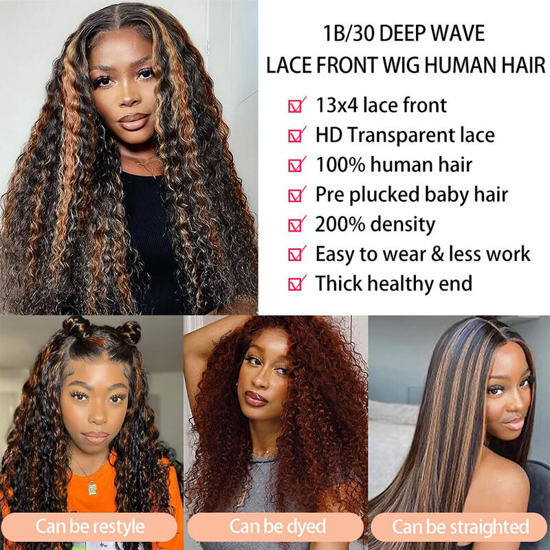 Highlight Ombre Lace Front Wig Human Hair Deep Wave 4/30 Black Brown Lace Front Wigs Pre Plucked 13x4 Ombre Curly Human Hair