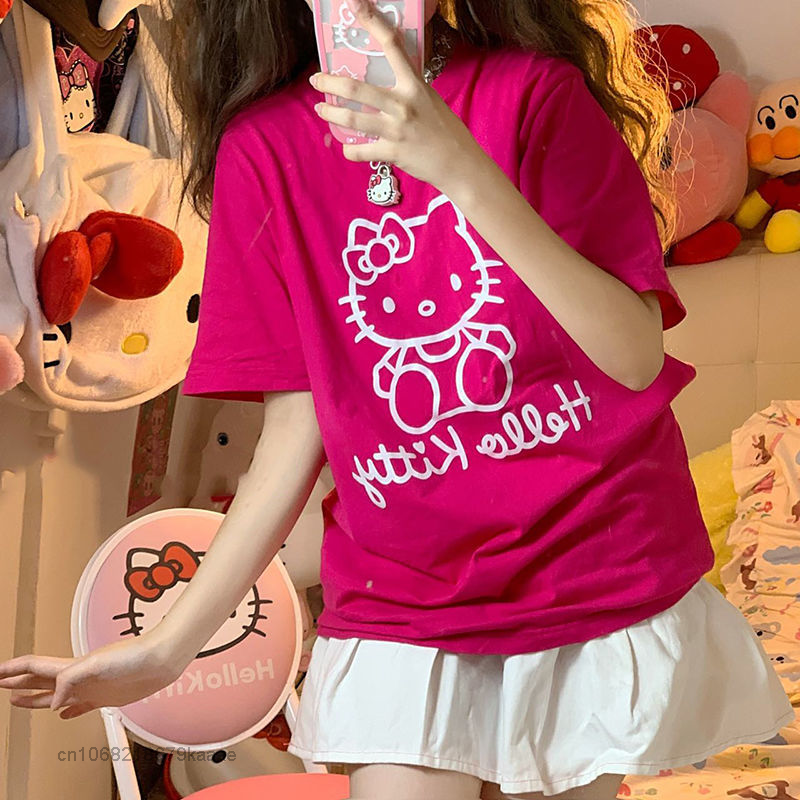 Sanrio Hello Kitty Quần Áo Phong Cách Nhật Bản Thường Thoáng Khí Tee Nữ Quá Khổ Áo Thun Y2k Áo Nữ Mùa Hè Thời Trang Áo Thun Nữ