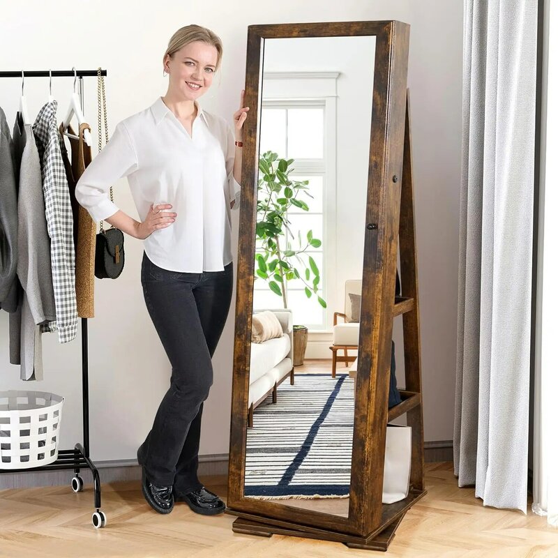 Lockable Wooden Jewelry Armoire Full Length Mirror 360° Rotatable Organizer Cabinet Storage Space Necklace Earring Ring Bracelet