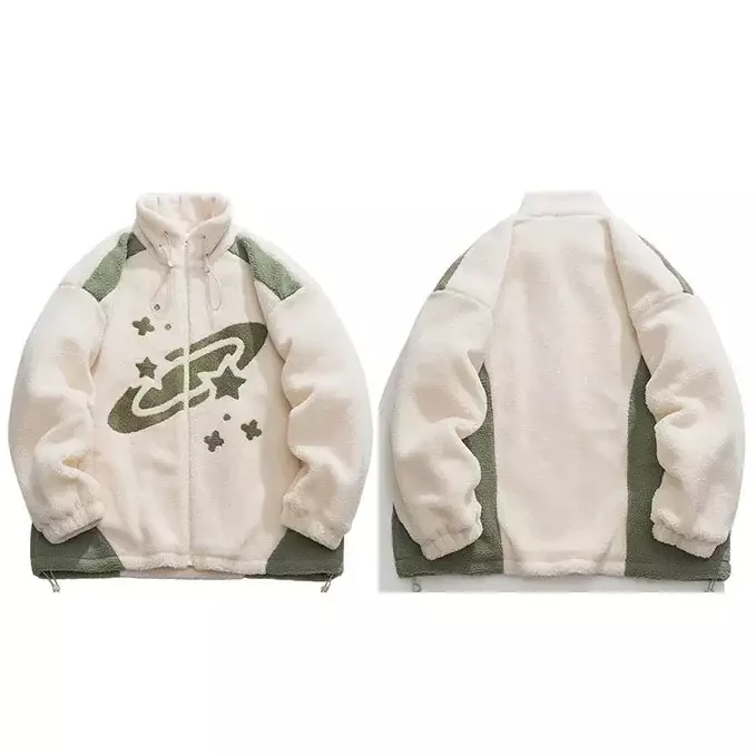 Hip Hop Streetwear Coat Fleece Stars Space Harajuku Jacket 2023 Men Winter Zipper Up Turtleneck Outwear