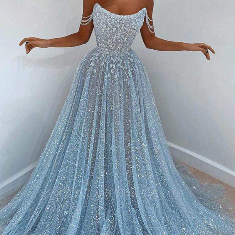 Blue Tulle Elegant Evening Dresses For Women 2024 Strapless A Line Beading Sequined Vestido De Fiesta Formal Wedding Party Gown