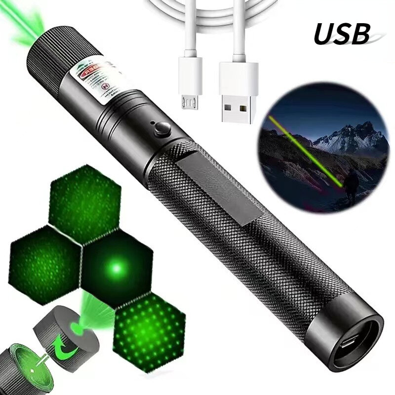 Pointer Laser hijau-10000m, pengisian daya USB baterai tanam, obor Laser sangat kuat titik merah tunggal pertandingan pembakaran berbintang