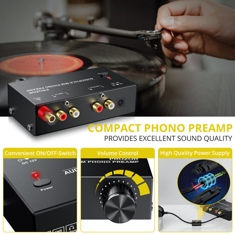 PROZOR Phono Preamplifier Audiophile M/M Preamp Preamplifier Phono 2 Port Output Input RCA dengan Tombol Volume Adaptor Daya UE