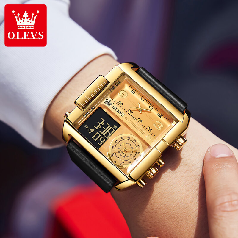 OLEVS 브랜드 패션 쓰리타임 디자인 쿼츠 시계 남성용, 가죽 스트랩, 방수 스포츠 LED 디지털 시계