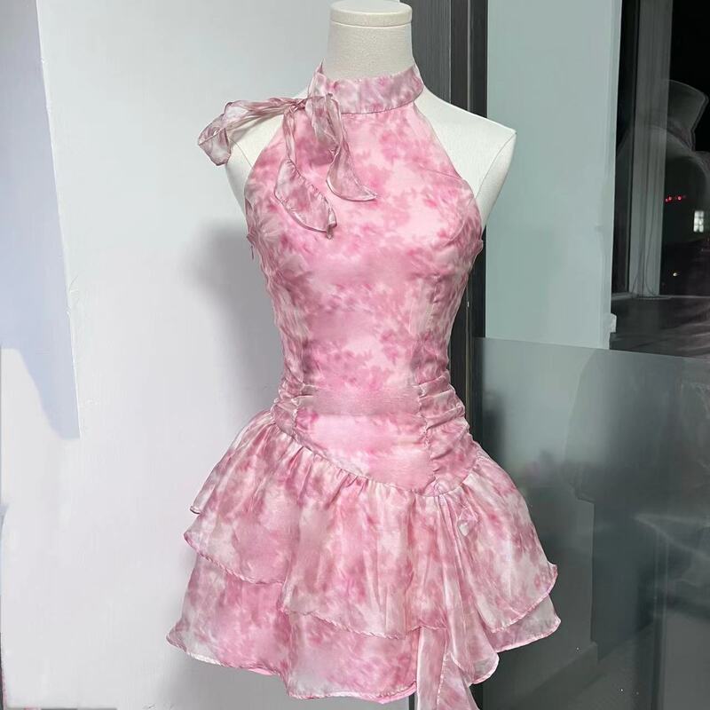 2024 New Summer Sweetheart Halterneck Printed Ribbon Sexy Elegant Dress Female Sleeveless Off-Shoulder Vest Dresses for Women