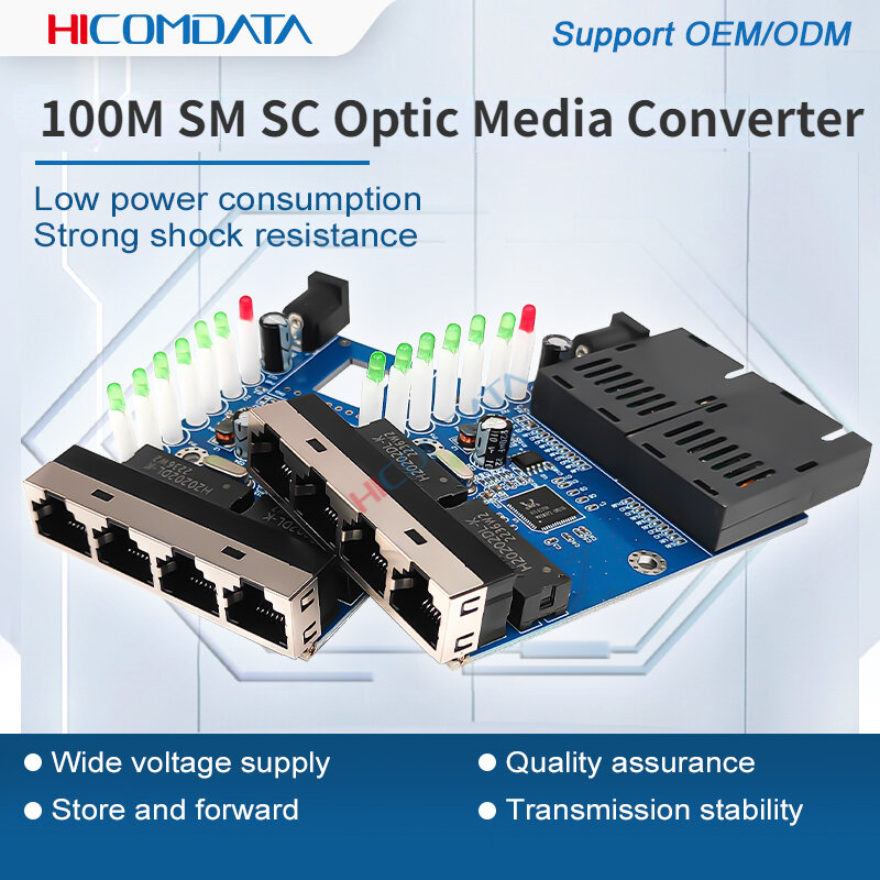 Convertitore multimediale in fibra ottica da 100M SM SC Ethernet 2 porte in fibra 4 porte RJ45 Switch per apparecchiature in fibra ottica DC 12V 20KM PCBA