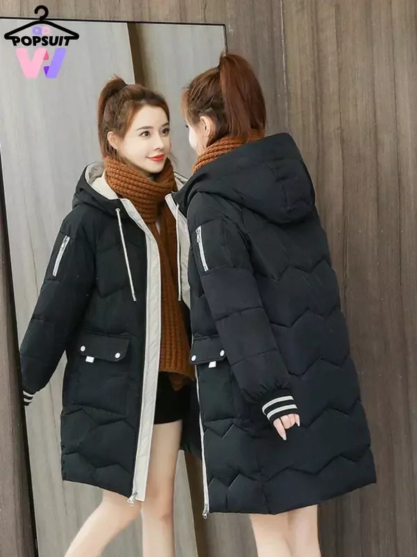 เสื้อแจ็กเก็ตผู้หญิงแบบใหม่สำหรับฤดูหนาวเสื้อโค้ทลำลองแขนยาวคอตตอนมีฮู้ดเสื้อโค้ทสำหรับเดินทางกันลม