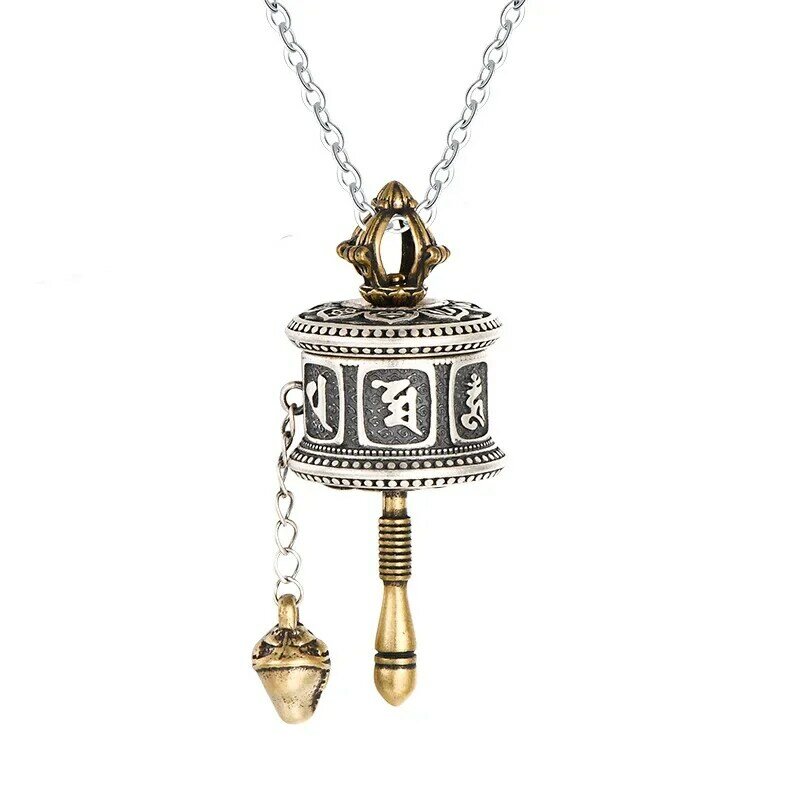 S925 prata seis caracteres mantra roda pingente, colar de Buda tibetano, oito tesouros auspiciosos, estilo étnico, rotativo