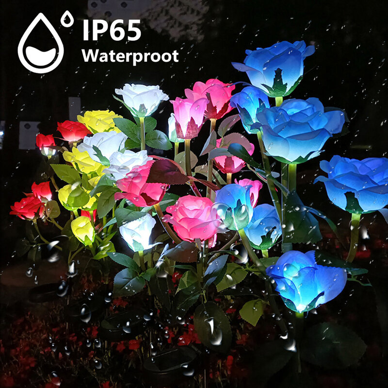 Lampu LED dekorasi taman, 7 LED simulasi tenaga surya bunga mawar lampu rumput untuk halaman teras dekorasi taman