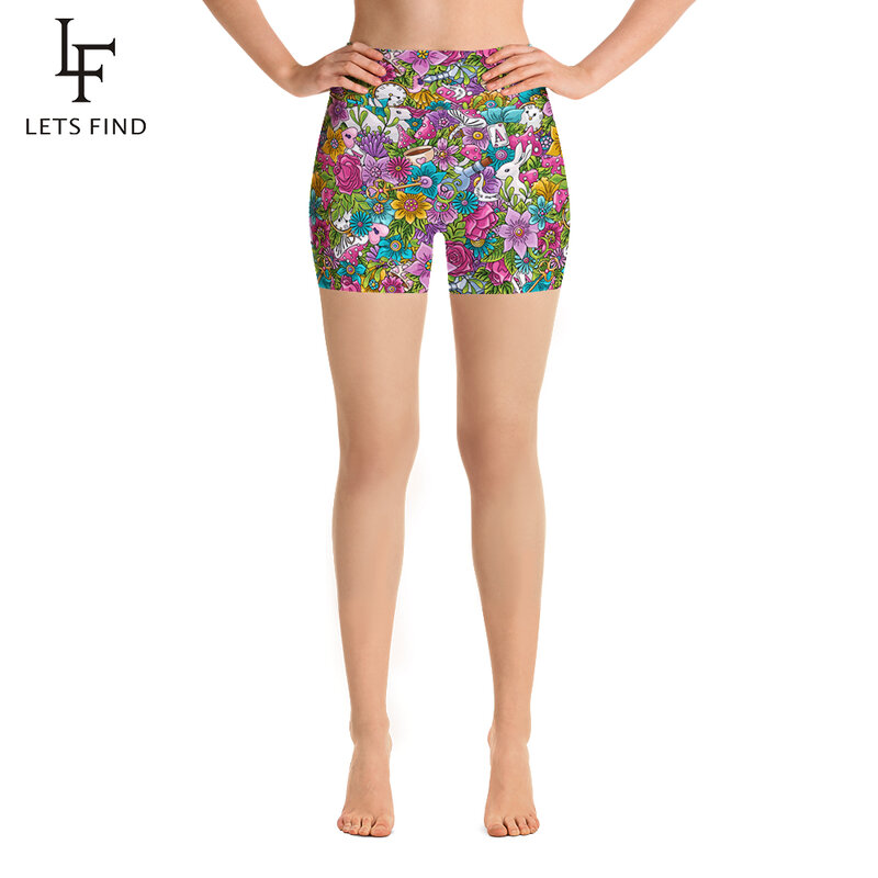 LETSFIND New Women's Shorts Wonderland and Clock Coffee Rabbit Print High Waist Sexy Soft Leggings Summer Fitness