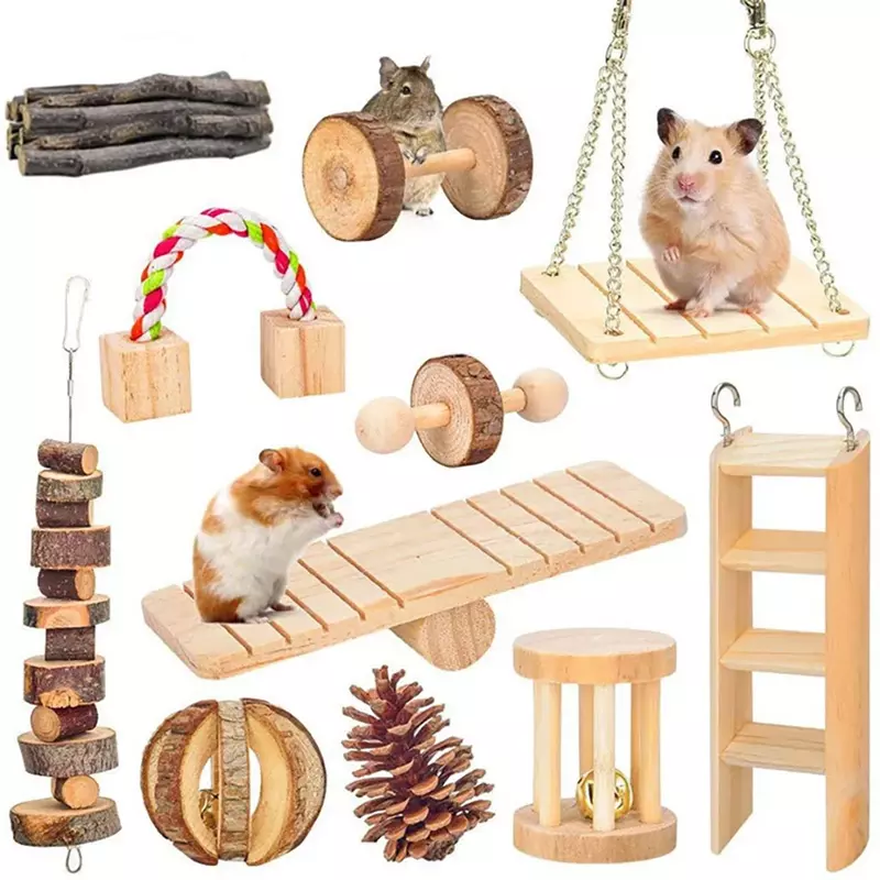 Juguetes lindos de conejos de madera naturales de pino, mancuernas, campana de monociclo, juguetes para masticar, cerdos de Guinea, ratas, pequeños moldes para mascotas, suministros