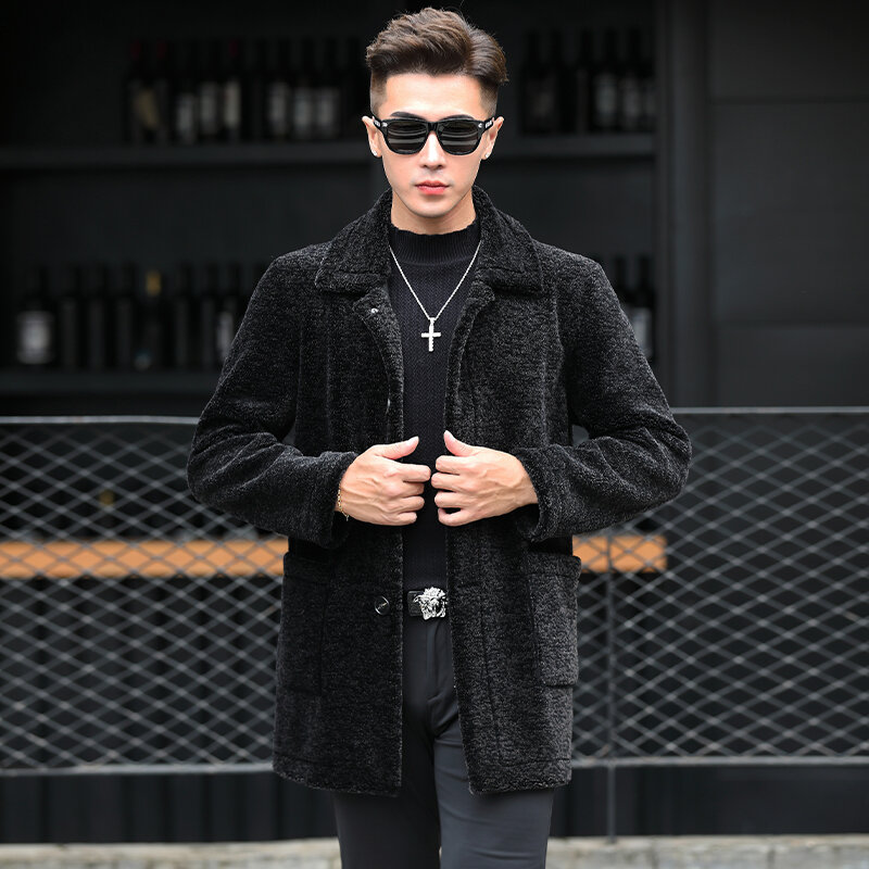 2023 outono inverno nova moda genuína casacos de pele de cordeiro masculino longo cor sólida outerwear masculino lã real casacos quentes u52