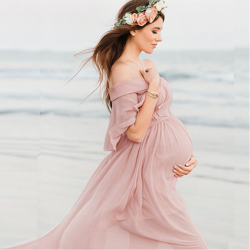 Neue rosa Rüschen Umstands kleider für Fotoshooting Bohemian Chiffon schwangere Frauen Fotografie Requisiten Maxi kleid Premama Kleidung