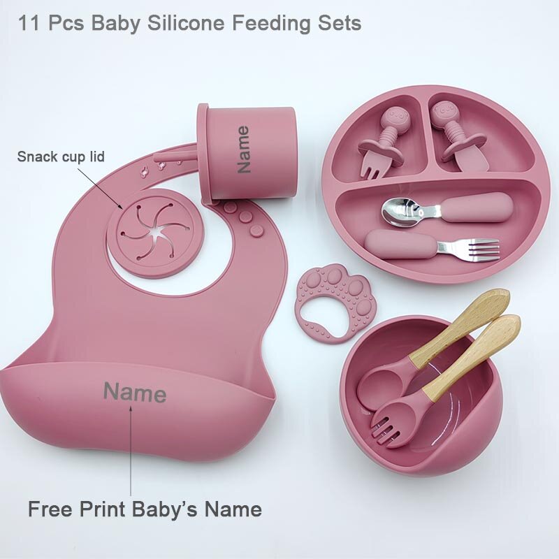 Silicone Feeding Sets para o bebê, nome personalizado, talheres para crianças, ventosa, placas, tigela, copos de alimentação, frete grátis, 11PCs