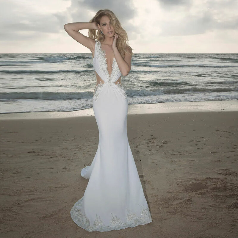 Sexy White Mermaid Wedding Dresses Deep V Neck Lace Appliques Satin Bridal Gowns Women Summer Beach Robes De Mariée Custom Made