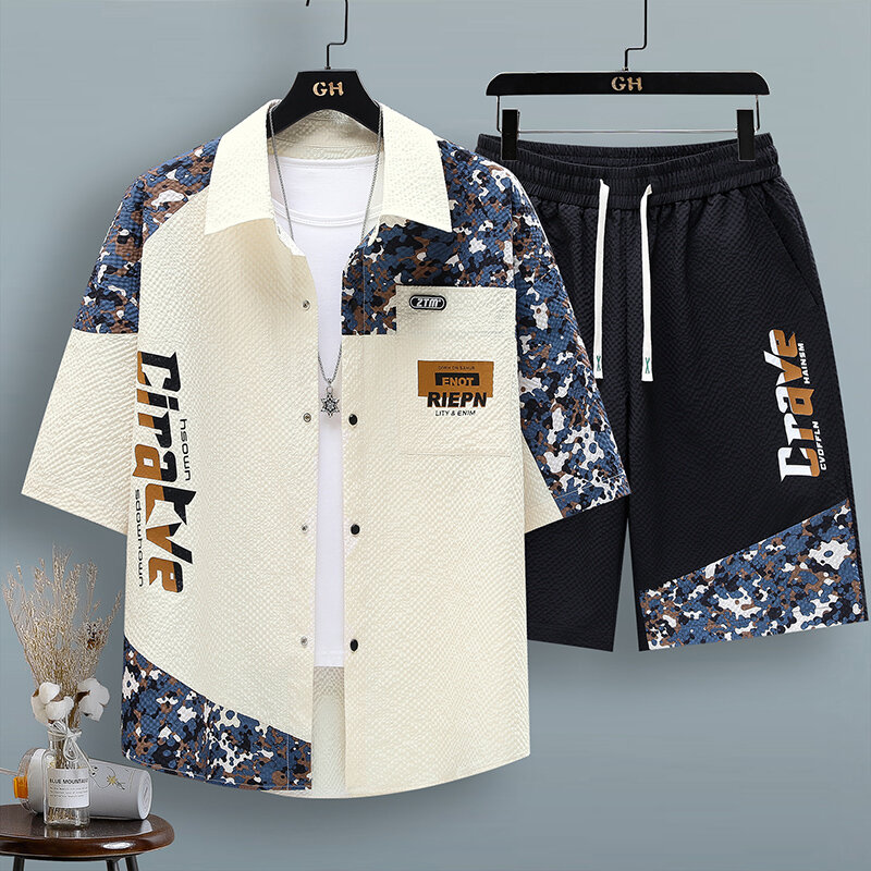 2024 Summer Brand Fashion Men's patchwork Printing Casual T-shirt Shorts 2 Piece Set sportswear Sports Joggers