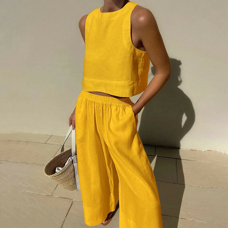Terno feminino com colete redondo, roupa de verão, cor sólida, sem mangas, perna larga, casual, conjunto de roupas de algodão, 2 peças