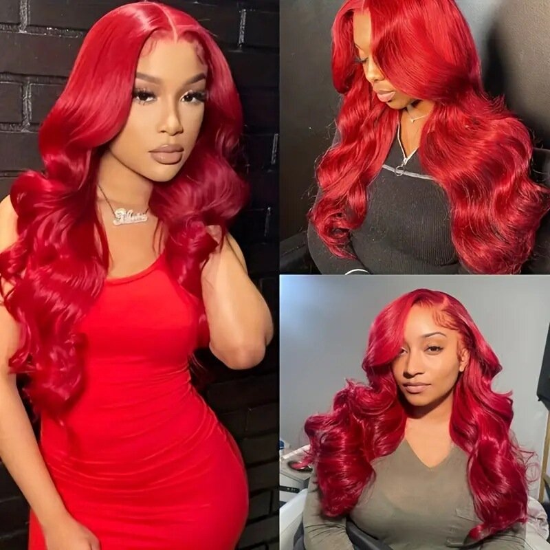Wig sintetis renda panjang bergelombang merah untuk wanita wig Cosplay rambut manusia harian pesta kencan