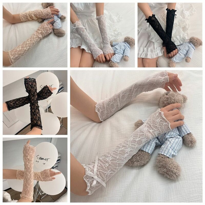 Fingerless Lace Gloves Lolita Ruffle Bowknot Lace Arm Sleeves Mesh Mittens Girls