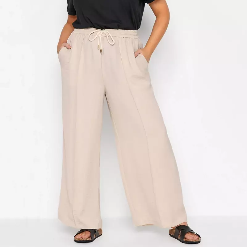 Calças leves de perna larga com cintura de cordão, calças retas casuais, tamanho grande para o bolso, verão, elegante, 6XL, 7XL