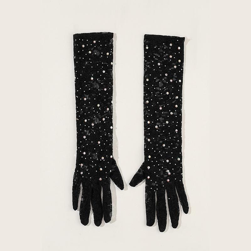 Lace Gloves Fashion Breathable Thin Gloves Black Simple Sunscreen Flash Drill Gloves Riding Driving Printing Gloves C026