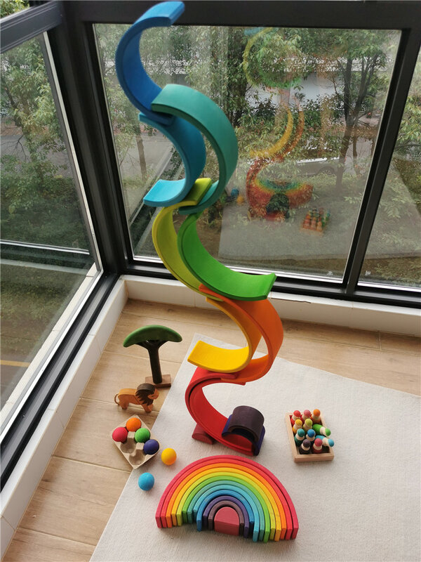 Giocattoli in legno di alta qualità legno di Lime arco arcobaleno impilabile blocchi costruzione Semi colore ordinamento Peg bambole palle stecca per i bambini giocano