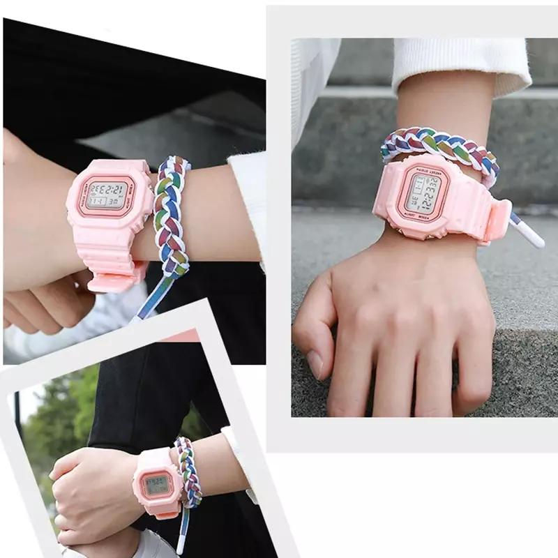 YIKAZE jam tangan elektronik pelajar pria wanita, jam tangan olahraga warna Macaron tahan air Alarm persegi, hadiah
