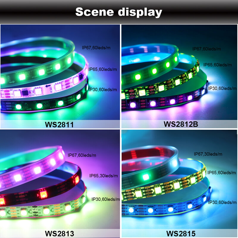 Bande lumineuse LED RVB adressable, ruban d'éclairage, IP30, 144, DC5V, 12V, 30, 60, 65/67 pixels, WS2812B, WS2811, WS2813, WS2815, WS2812