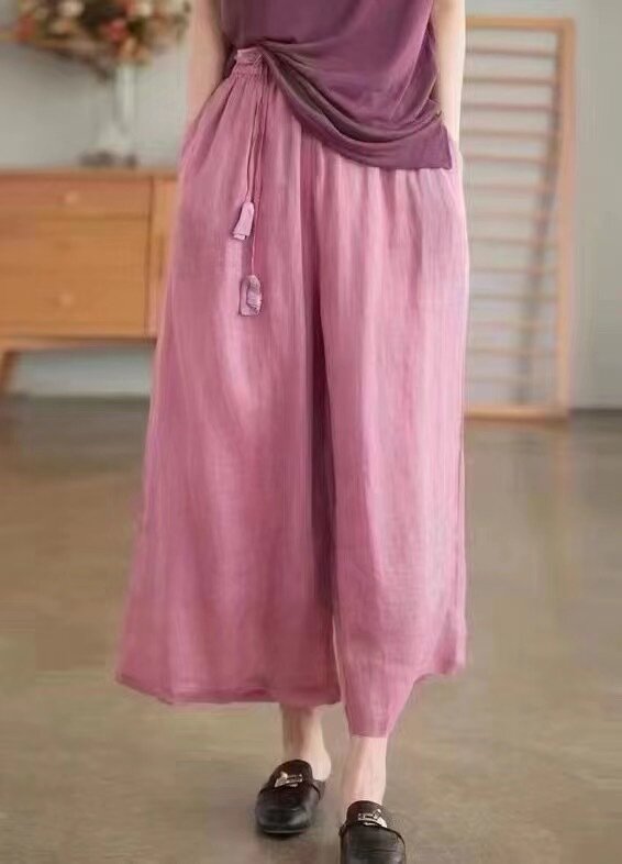 Calça rami chinesa de pernas largas para mulheres, cor sólida, pingente simples, elástico na cintura, calça fina casual, nova, verão