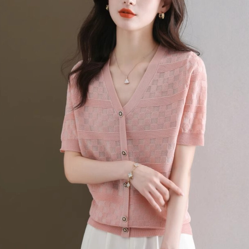 Kemeja wanita mode nyaman musim panas cocok leher V Single Breasted gaya Korea elegan kasual kaus lengan pendek klasik