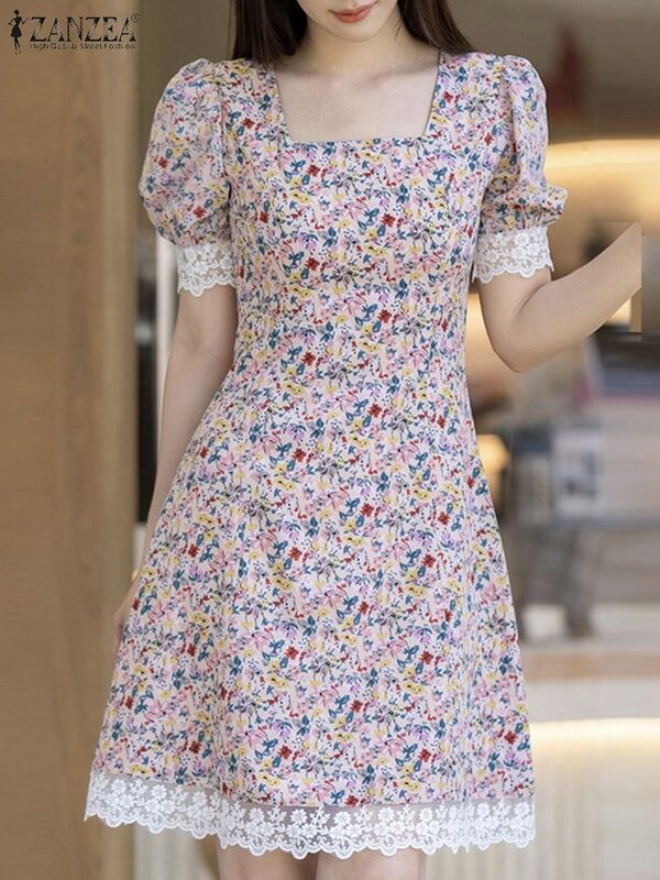 ZANZEA 2024 Summer Party Collect Waist Robe Elegant Printing Mini Dress Korean Square Neck Dress Women Puff Short Sleeve Vestido