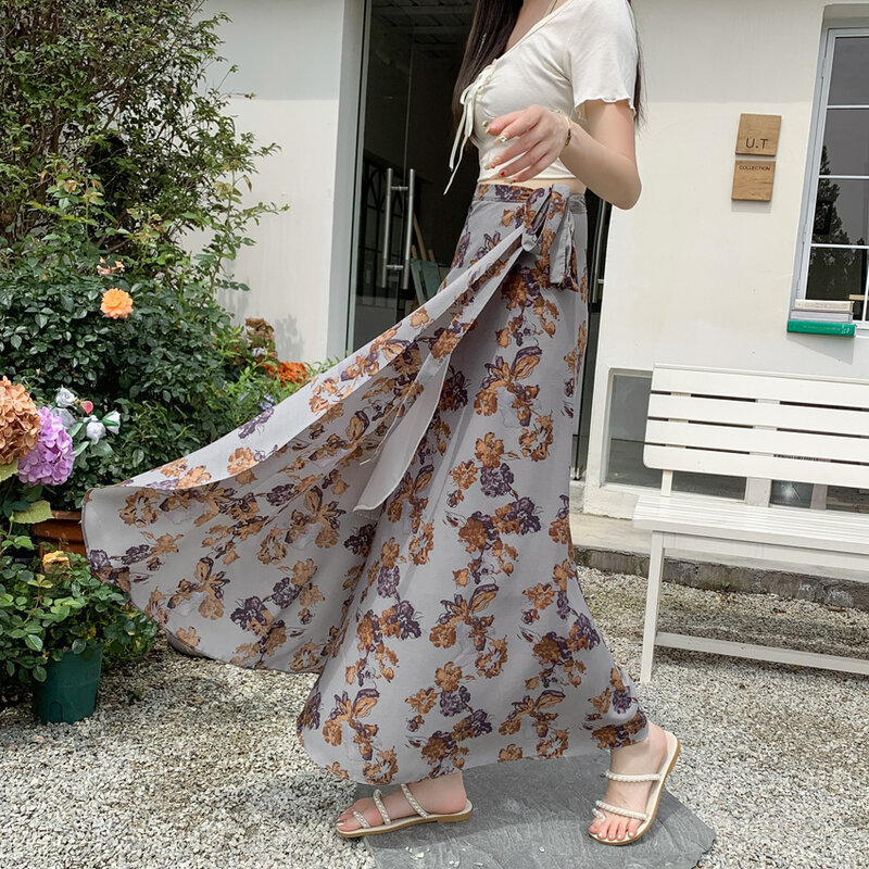 New Flower Printing A-line Skirts Bohemia 2024 Summer Spring High Waist Vintage Women's Midi Length One Piece Skirts