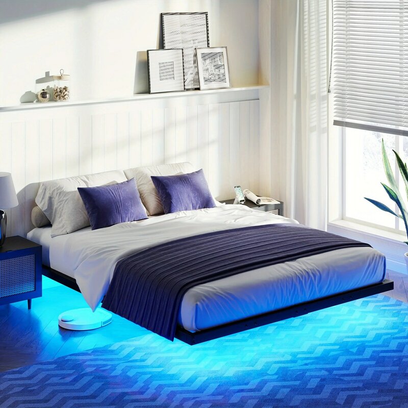 Heavy Duty Floating Bed Frame com luzes LED, plataforma de metal, nenhuma caixa, primavera necessária, sem ruído