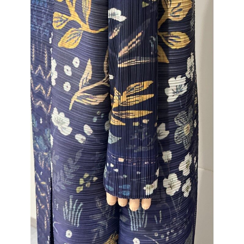 Miyake Geplooide Kraag Lange Mouw Vest Jurk Vrouwen 2024 Nieuwe Abaya Mode Originele Ontwerper Vintage Print Jas