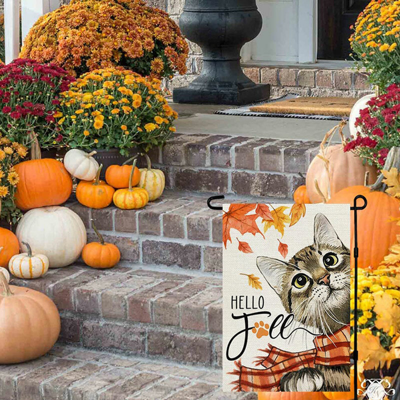 Красочный Садовый флаг кошки на День Благодарения, осень, кленовые листья, кошка, портрет для двора и сада