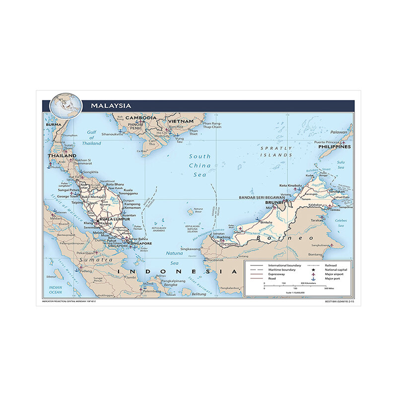 Карта Малайзии, декоративная настенная карта 90*60 см, Нетканая холщовая картина, плакат без рамы и печать, украшение для гостиной и дома