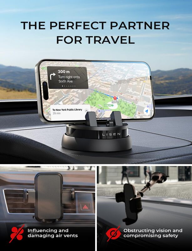 LISEN Car Phone Holder Mount Dashboard,360° Rotatable Dashboard Cell Phone Holder,Multifunctional Phone Mount for iPhone Samsung
